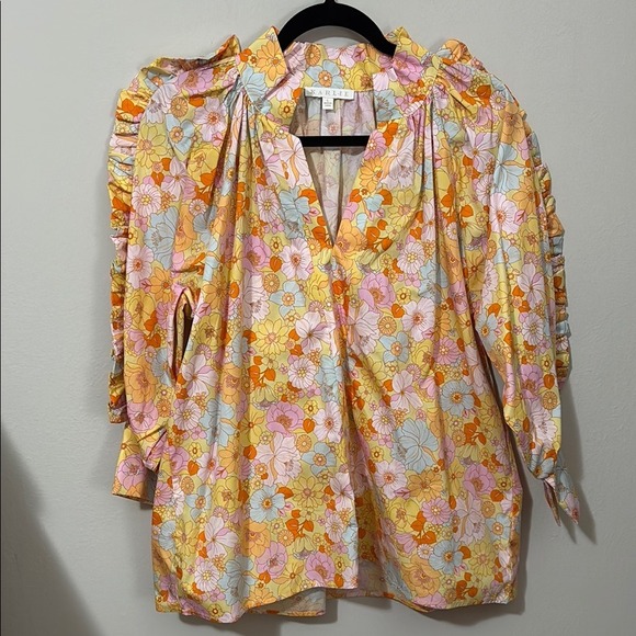 Karlie Women's Large London Floral Poplin Ruffle Sleeve Top 3/4 Length Sleeves - Picture 2 of 7